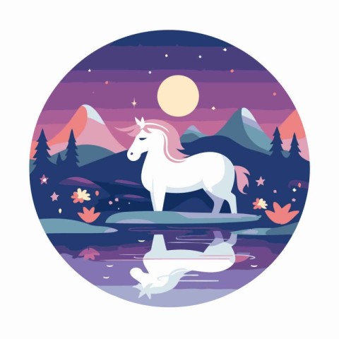 Unicorn on the lake in the night. Vector illustration.