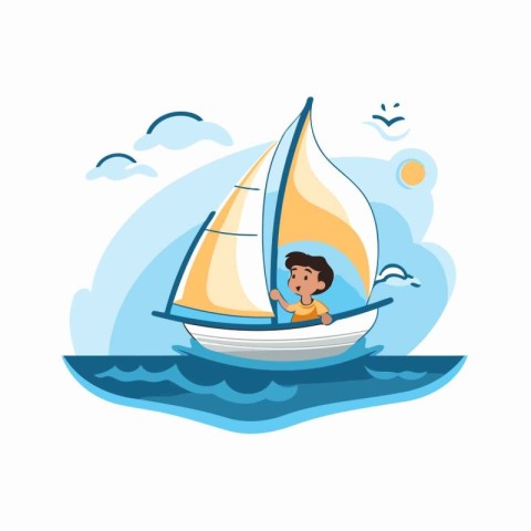 Cute little boy on sailboat vector Illustration on a white backg