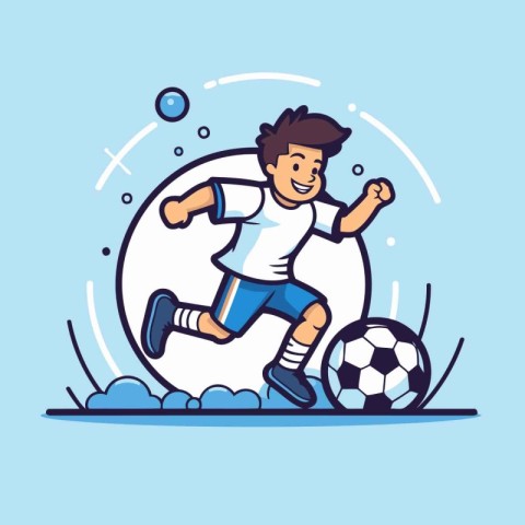 Soccer player kicking the ball. Vector illustration in a flat st