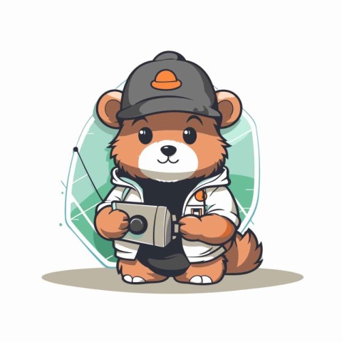 Beaver in a cap with a camera. Vector illustration on white back