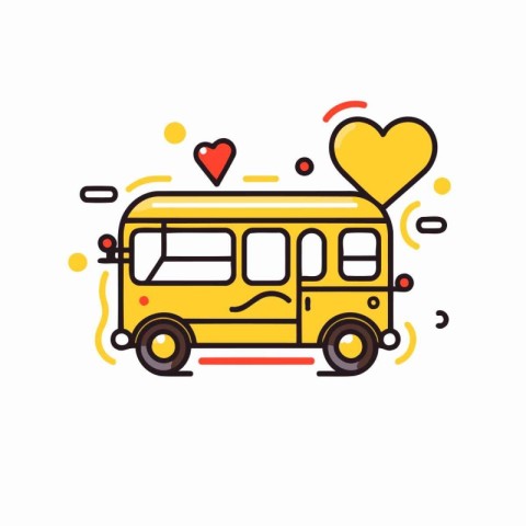 School bus with heart icon. Vector illustration in line flat sty