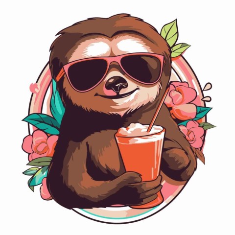 Cute cartoon sloth drinking milkshake. Vector illustration.