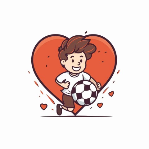 Cute boy with soccer ball in heart shape. Vector illustration.