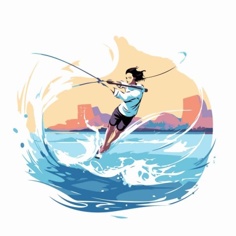 Water sport. Woman wakeboarding on the wave. Vector illustration