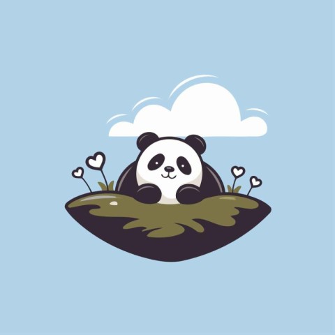 Cute cartoon panda sitting on the grass. Vector illustration.