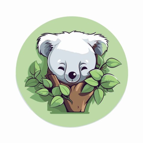 Cute koala on a tree with leaves. Vector illustration.