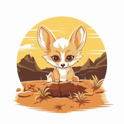 Cute little fox sitting on the rock in the desert. Vector illust