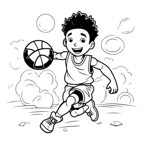 Black and White Cartoon Illustration of a Kid Playing Basketball