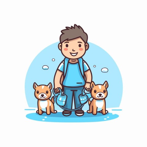 Cute boy with dogs. Vector illustration in a flat style.