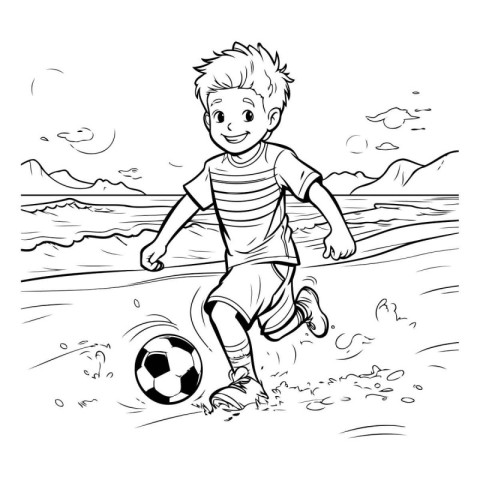 Boy playing soccer on the beach. black and white vector illustra