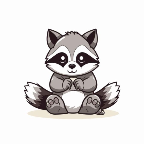 Cute cartoon raccoon sitting on the ground. Vector illustration.