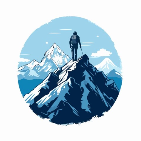 Mountain climber standing on top of a mountain. Vector illustrat