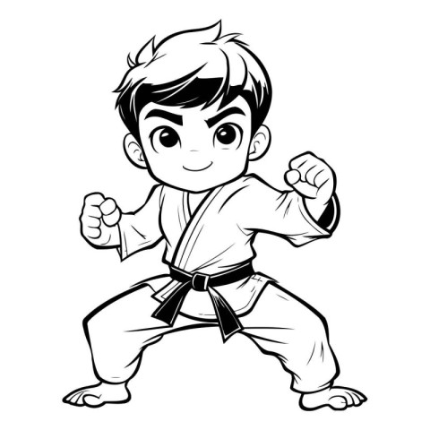 Karate Boy - Black and White Cartoon Mascot Illustration