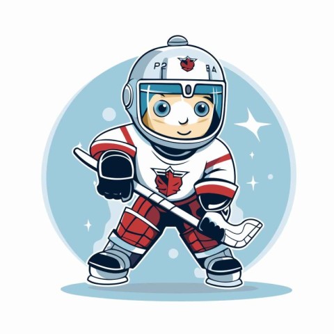 Cute cartoon ice hockey player. Vector illustration on white bac