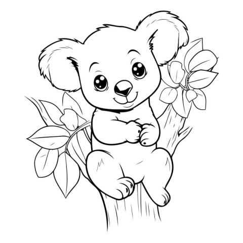 Cute koala sitting on a tree with flowers. Coloring book