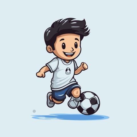 Cartoon soccer player running with ball isolated on blue backgro