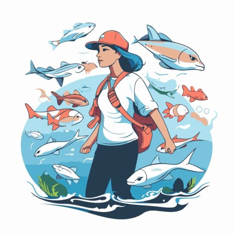 Vector illustration of a girl in a cap and with a backpack among