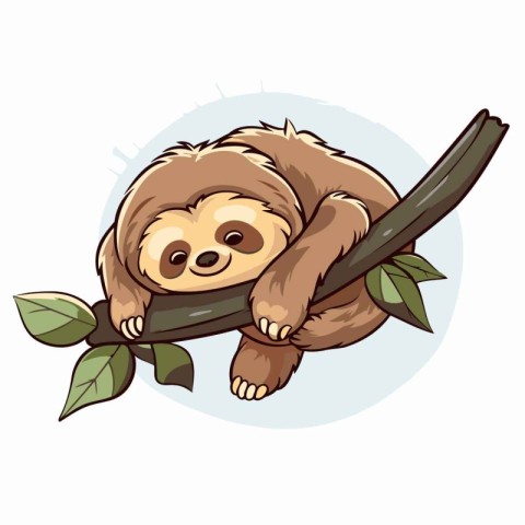 Cute cartoon sloth on a tree branch. Vector illustration.