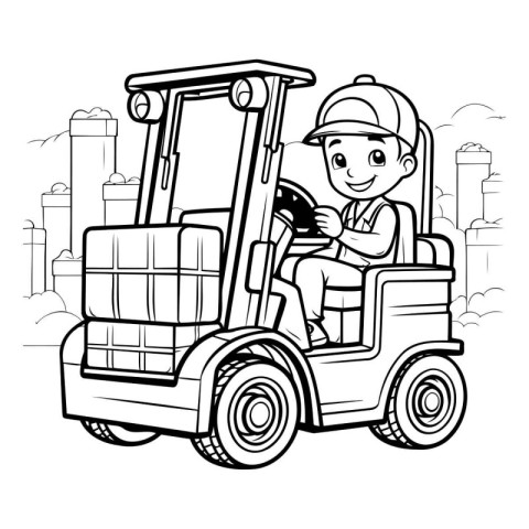 Forklift Loader Boy Coloring Page Cartoon Vector Illustration