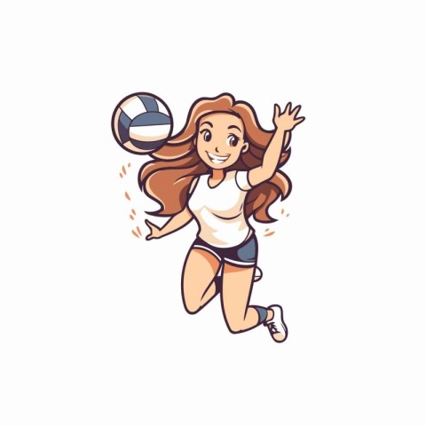 Cartoon girl playing volleyball. Vector illustration isolated on