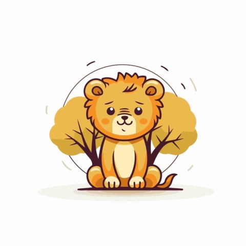 Cute cartoon lion sitting on the ground in the forest. Vector il