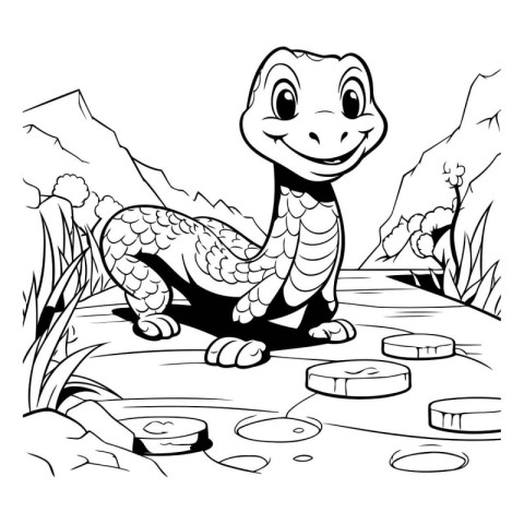 Black and White Cartoon Illustration of Cute Lizard Animal Chara