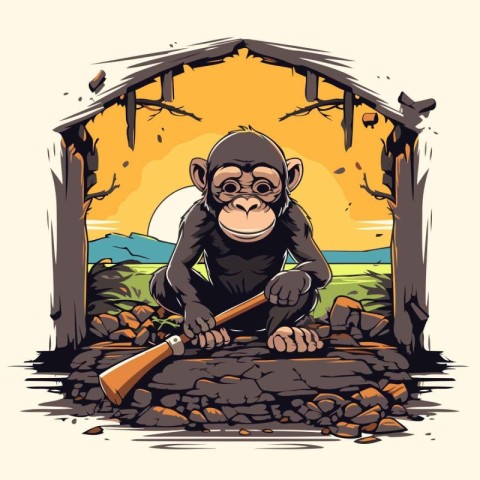 Monkey with an ax in the zoo. Vector illustration in retro style