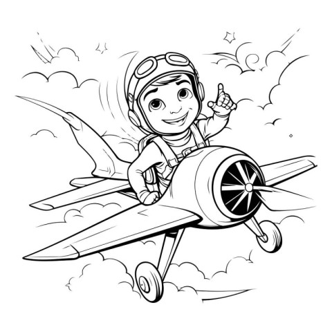 Vector illustration of a boy pilot in an airplane. Coloring book