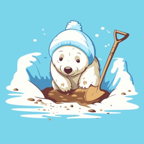 Polar bear in a winter hat with shovel. Vector illustration.