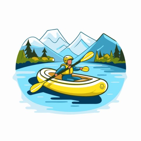 Kayaking on the mountain lake. Vector illustration in cartoon st