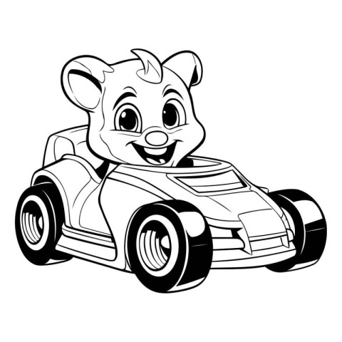 funny cartoon hamster driving a car. black and white vector illu