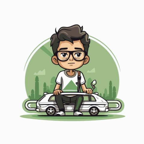 Hipster boy driving a car. Vector illustration in cartoon style.