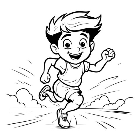 Boy running - Black and White Cartoon Illustration. Vector Clip