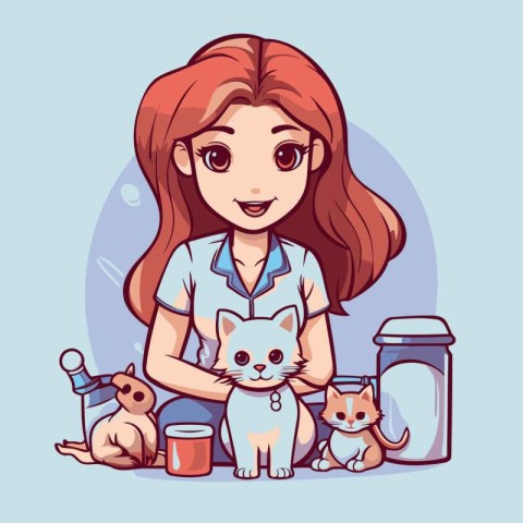 Girl with cats. Pet care concept. Vector illustration in cartoon