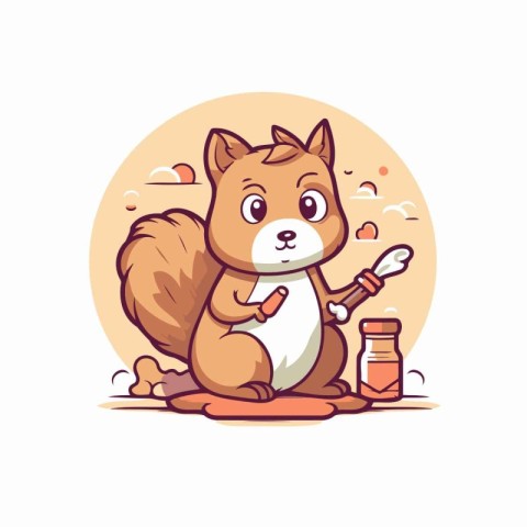 Squirrel with a paint brush and a jar of oil. Vector illustratio