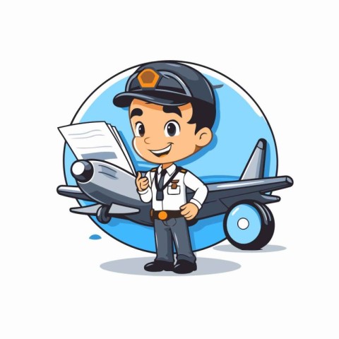 Pilot with airplane and document cartoon vector Illustration on