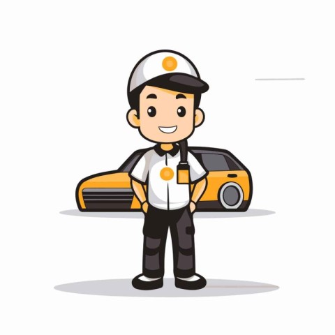 Cartoon taxi driver with car on white background. Vector illustr