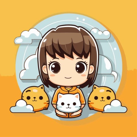 cute little girl with cat and clouds vector illustration eps 10