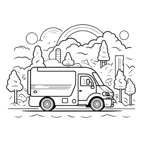 Line drawing of a truck on the road. Vector illustration of a tr