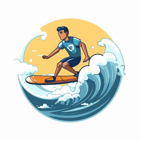 Surfer with surfboard on the wave. Vector illustration in cartoo