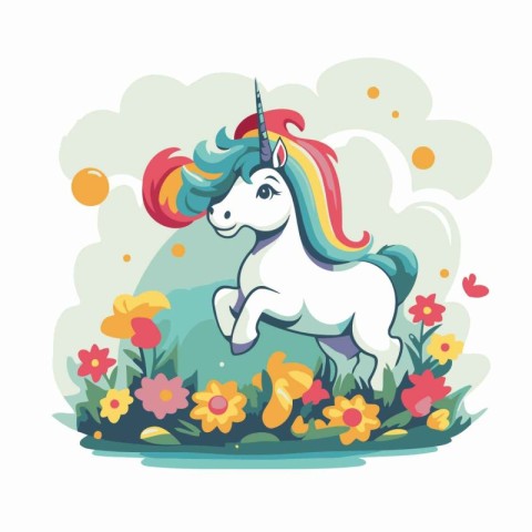 Cute cartoon unicorn on the meadow with flowers. Vector illustra