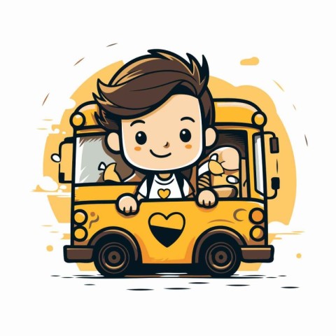 Cute schoolboy riding a school bus. Vector cartoon illustration.