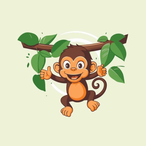 Monkey cartoon character on green leaves background. Vector illu