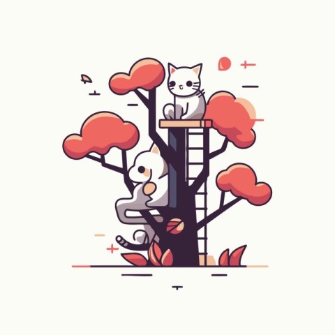 Cute cat sitting on a tree. Vector illustration in flat style.