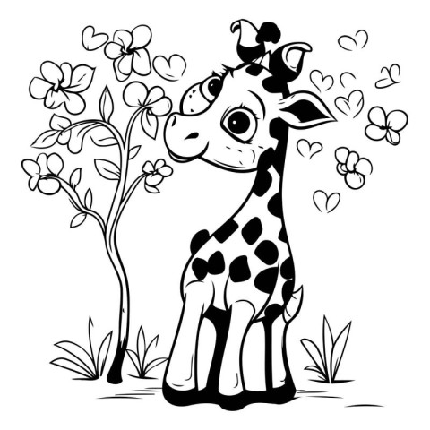 Black and white vector illustration of a cute giraffe and flower