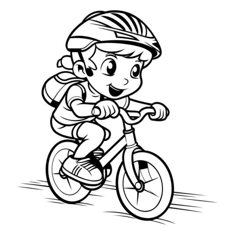 Cyclist Boy - Black and White Cartoon Illustration. Vector