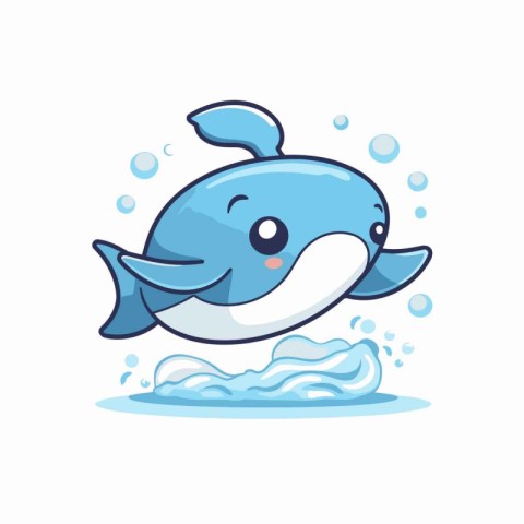 Cute blue whale swimming in the sea. Vector illustration on whit