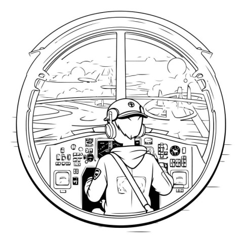 Pilot in the cockpit of a ship. Vector illustration on isolated