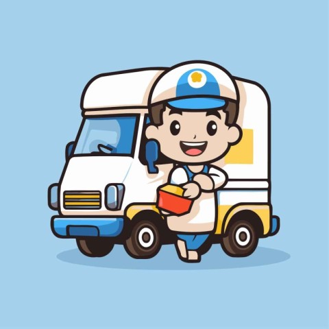 cute delivery man with truck cartoon vector illustration. eps 10