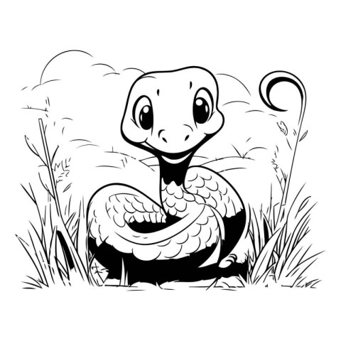 Cute snake in the grass. Black and white vector illustration.